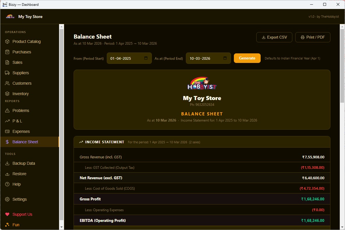 Balance Sheet in Bizzy Lite